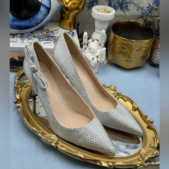 🆕 BLACK SUEDE STUDIO 🧿 NWOB White Satin Ribbon Rhinestone Heels, Sz 37 US 6.5 - Picture 7 of 16